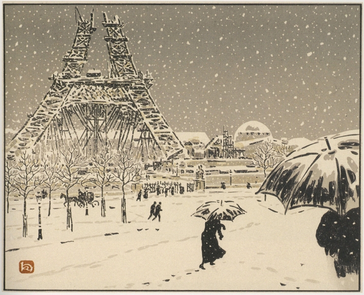 アンリ・リヴィエールが描いた《エッフェル塔三十六景 建設中のエッフェル塔、トロカデロからの眺め》